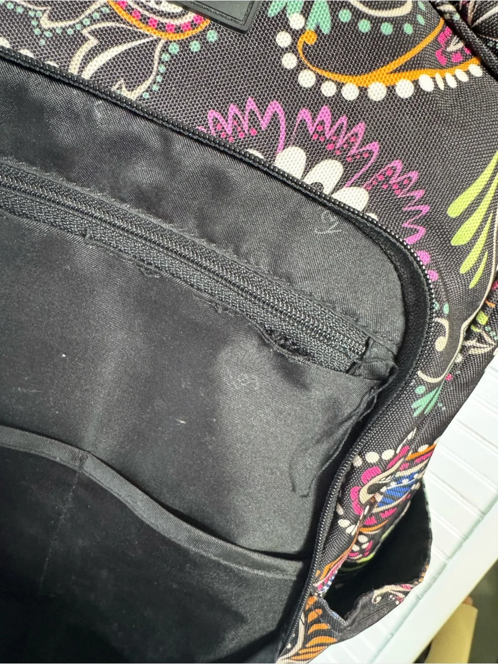 Vera Bradley Black Paisley Floral Print Backpack with Bright Accents